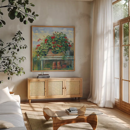 Geranium Bench Crop by Carol Rowan. Shown in a natural wood frame in a cozy modern living room. Available as an archival giclee rolled canvas, fine art paper, or poster print. SKU 8674a.