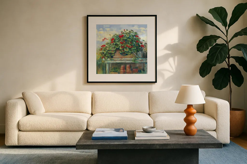 Geranium Bench Crop by Carol Rowan. Displayed in a glass frame with matte in a clean modern living room. Available as an archival giclee rolled canvas, fine art paper, or poster print. SKU 8674a.