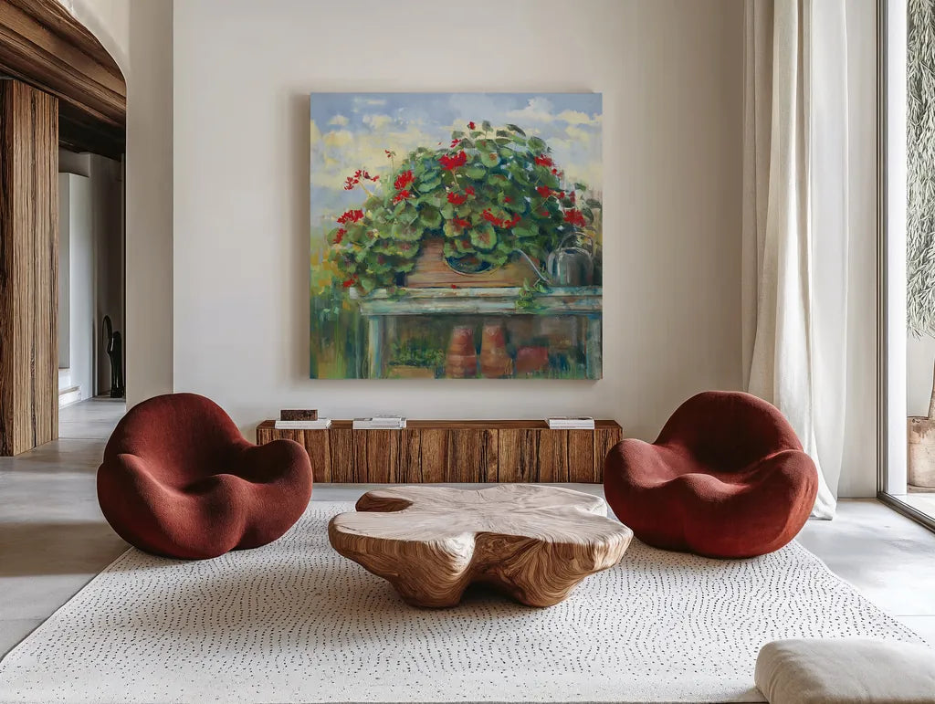 Geranium Bench Crop by Carol Rowan. Shown as extra-large giant wall art in a modern living room. Available as an archival giclee rolled canvas, fine art paper, or poster print. SKU 8674a.