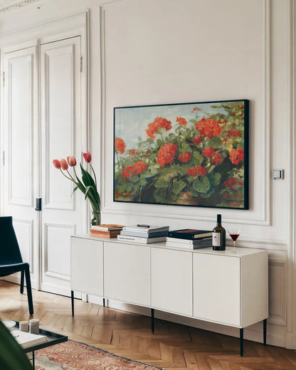 Geranium Wave by Carol Rowan. shown as a framed stretched canvas in a living room above a console. Available as a archival giclee rolled canvas, fine art paper, or poster print. SKU 10615i.