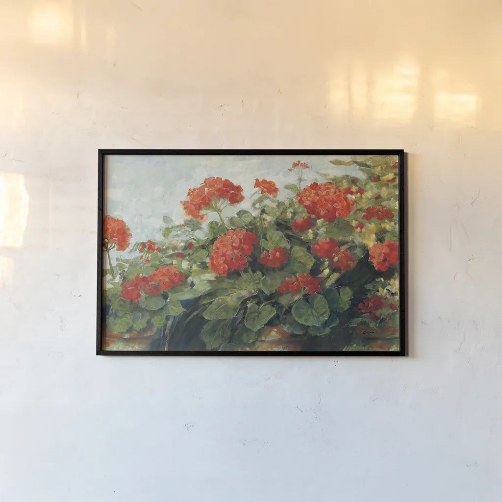 Geranium Wave by Carol Rowan. shown as a paper print in a black flame. Available as a archival giclee rolled canvas, fine art paper, or poster print. SKU 10615i.