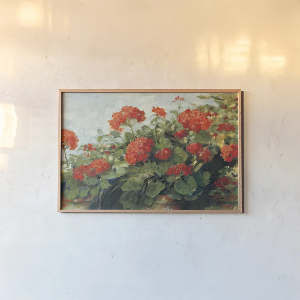 Geranium Wave by Carol Rowan. shown as a paper print in a natural frame. Available as a archival giclee rolled canvas, fine art paper, or poster print. SKU 10615i.