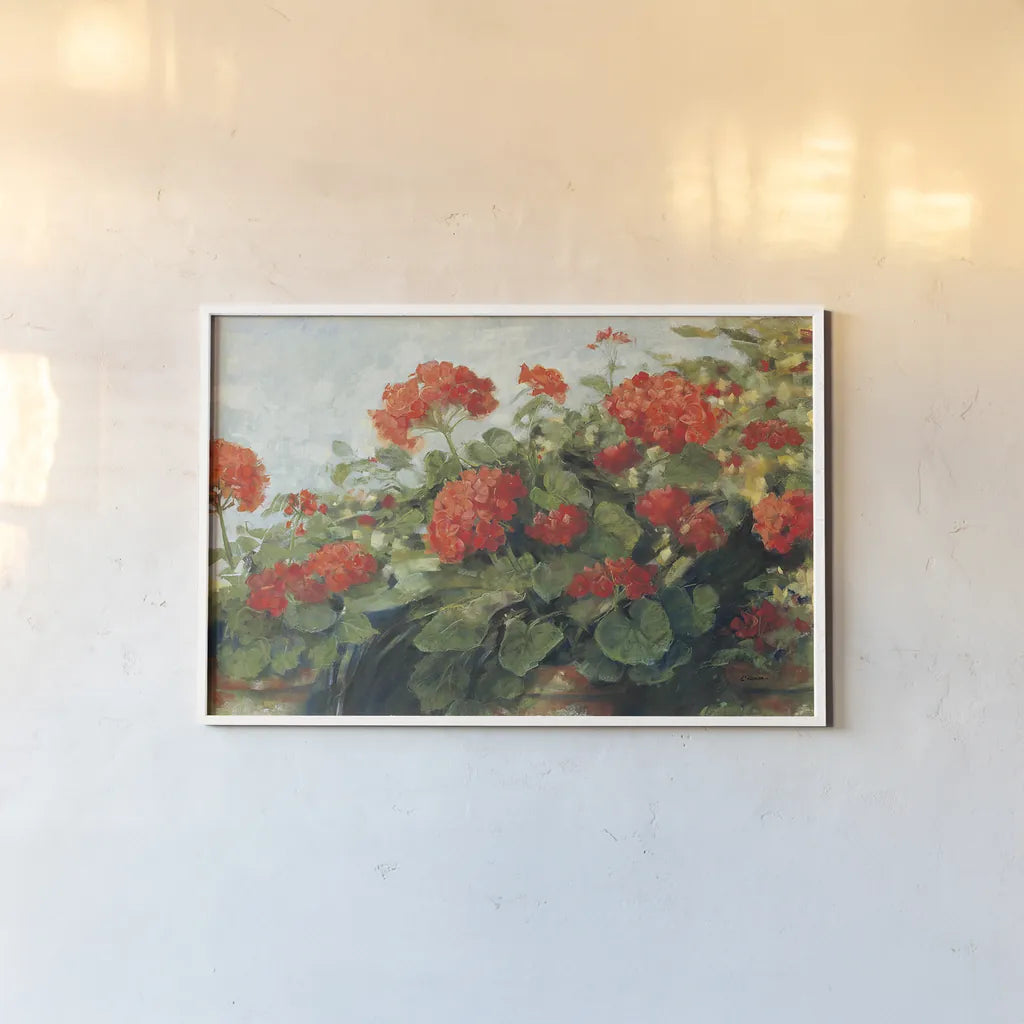 Geranium Wave by Carol Rowan. shown as a paper print in a white frame. Available as a archival giclee rolled canvas, fine art paper, or poster print. SKU 10615i.