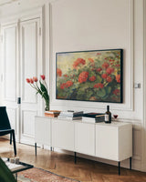 Geranium Wave Cream by Carol Rowan. shown as a framed stretched canvas in a living room above a console. Available as a archival giclee rolled canvas, fine art paper, or poster print. SKU 42288i.