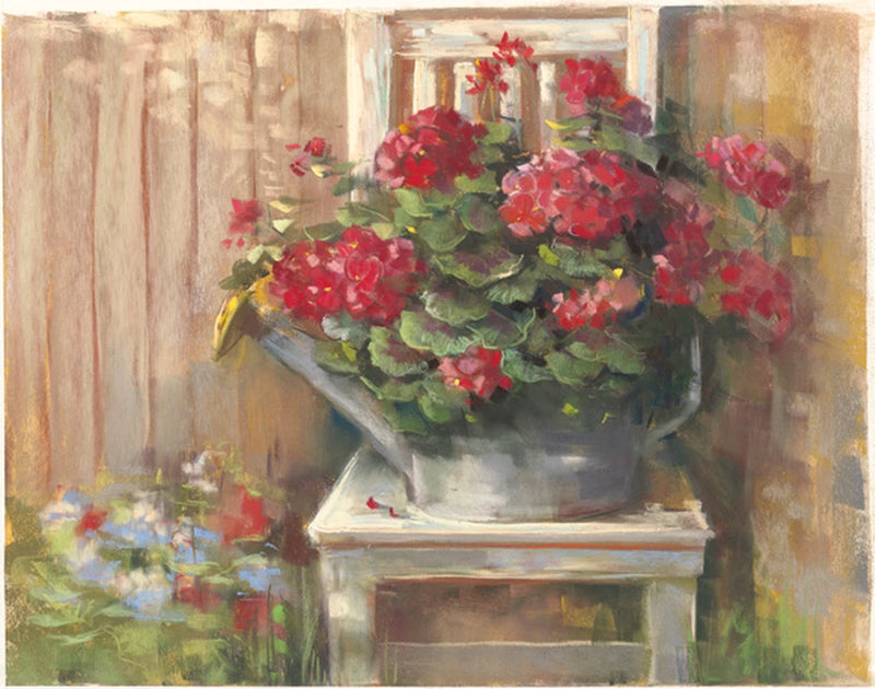 Geraniums on Chair by Carol Rowan