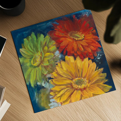 Gerbera Glow I by Carol Rowan. Shown as a detailed flat fine art print, highlighting archival giclee quality. Available as an archival giclee rolled canvas, fine art paper, or poster print. SKU 41935a.