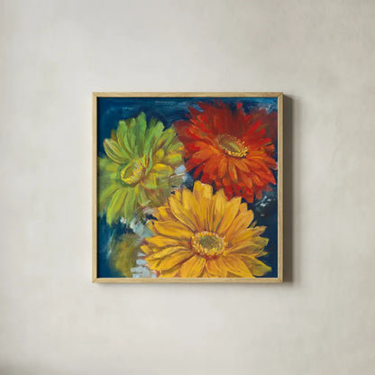 Gerbera Glow I by Carol Rowan. Shown in a natural wood glass frame for a timeless modern aesthetic. Available as an archival giclee rolled canvas, fine art paper, or poster print. SKU 41935a.