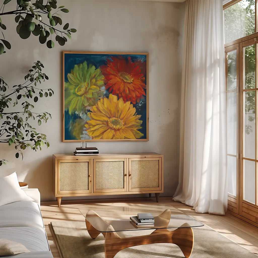 Gerbera Glow I by Carol Rowan. Shown in a natural wood frame in a cozy modern living room. Available as an archival giclee rolled canvas, fine art paper, or poster print. SKU 41935a.