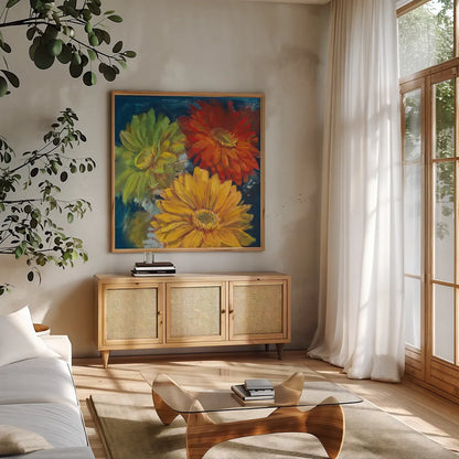 Gerbera Glow I by Carol Rowan. Shown in a natural wood frame in a cozy modern living room. Available as an archival giclee rolled canvas, fine art paper, or poster print. SKU 41935a.
