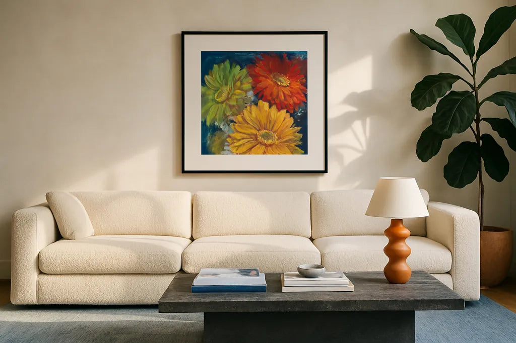 Gerbera Glow I by Carol Rowan. Displayed in a glass frame with matte in a clean modern living room. Available as an archival giclee rolled canvas, fine art paper, or poster print. SKU 41935a.