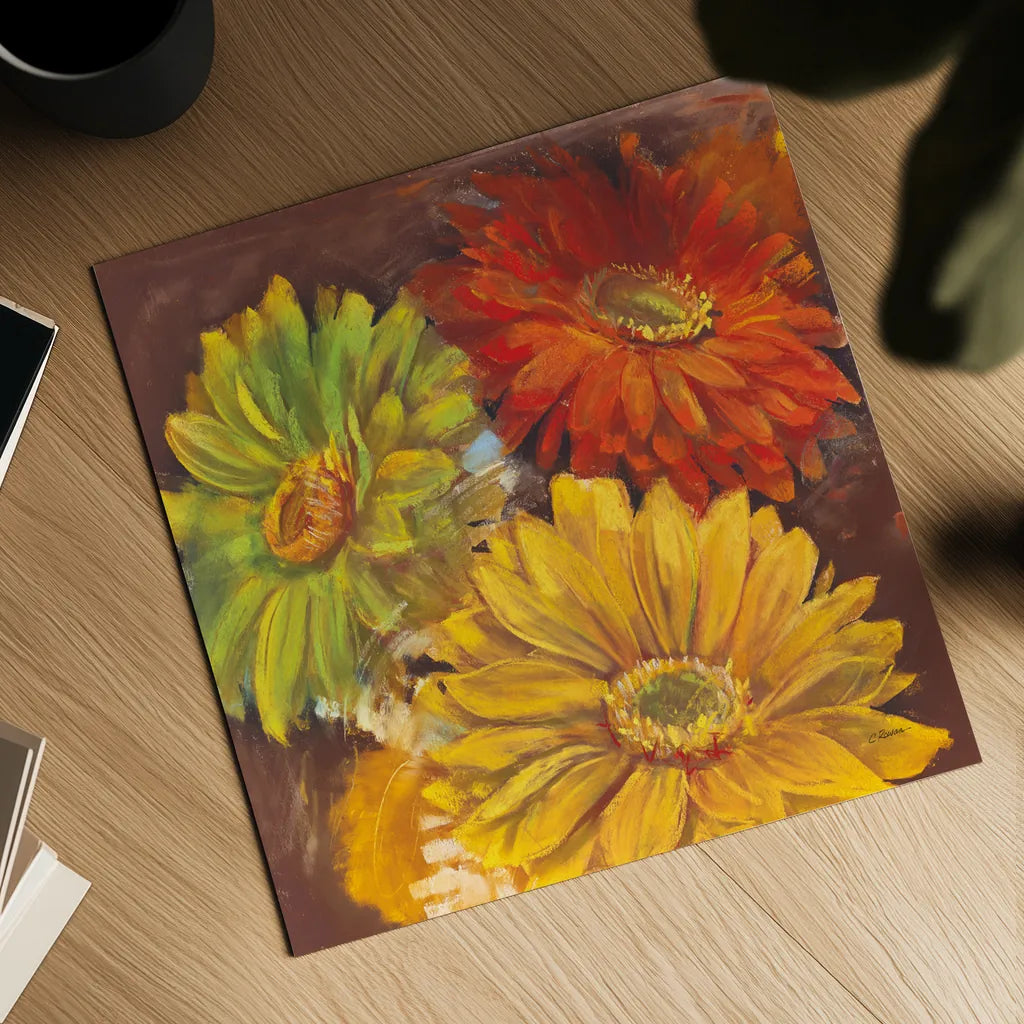 Gerbera Glow I Spice by Carol Rowan. Shown as a detailed flat fine art print, highlighting archival giclee quality. Available as an archival giclee rolled canvas, fine art paper, or poster print. SKU 41934a.