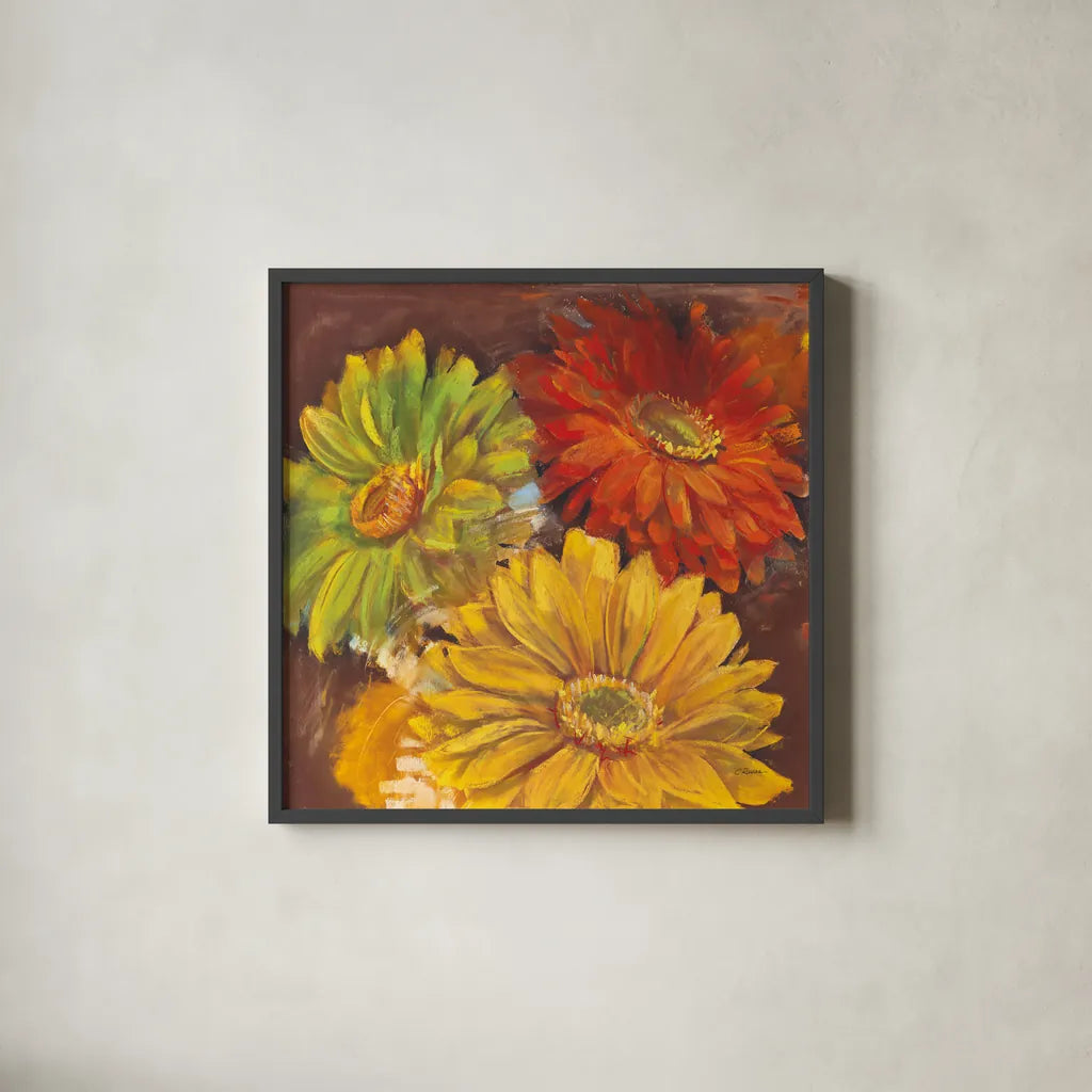 Gerbera Glow I Spice by Carol Rowan. Shown in a sleek black glass frame for a contemporary gallery look. Available as an archival giclee rolled canvas, fine art paper, or poster print. SKU 41934a.