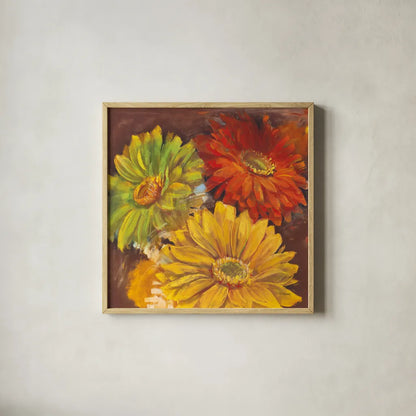 Gerbera Glow I Spice by Carol Rowan. Shown in a natural wood glass frame for a timeless modern aesthetic. Available as an archival giclee rolled canvas, fine art paper, or poster print. SKU 41934a.