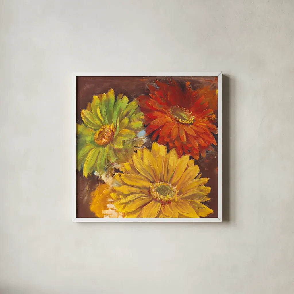 Gerbera Glow I Spice by Carol Rowan. Shown in a crisp white glass frame for a clean and minimalist style. Available as an archival giclee rolled canvas, fine art paper, or poster print. SKU 41934a.