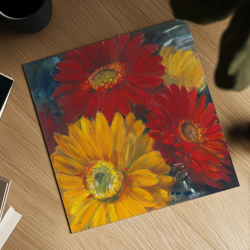 Gerbera Glow II by Carol Rowan. Shown as a detailed flat fine art print, highlighting archival giclee quality. Available as an archival giclee rolled canvas, fine art paper, or poster print. SKU 41936a.
