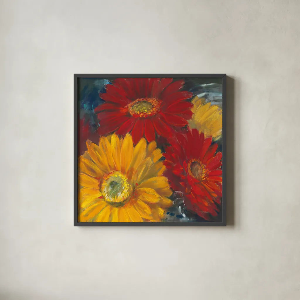 Gerbera Glow II by Carol Rowan. Shown in a sleek black glass frame for a contemporary gallery look. Available as an archival giclee rolled canvas, fine art paper, or poster print. SKU 41936a.