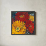 Gerbera Glow II by Carol Rowan. Shown in a sleek black glass frame for a contemporary gallery look. Available as an archival giclee rolled canvas, fine art paper, or poster print. SKU 41936a.