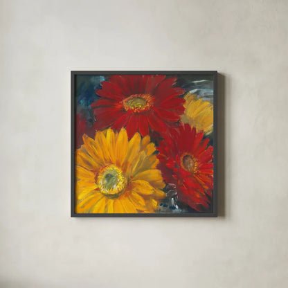 Gerbera Glow II by Carol Rowan. Shown in a sleek black glass frame for a contemporary gallery look. Available as an archival giclee rolled canvas, fine art paper, or poster print. SKU 41936a.