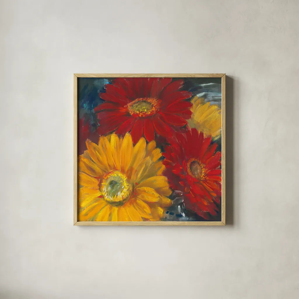 Gerbera Glow II by Carol Rowan. Shown in a natural wood glass frame for a timeless modern aesthetic. Available as an archival giclee rolled canvas, fine art paper, or poster print. SKU 41936a.