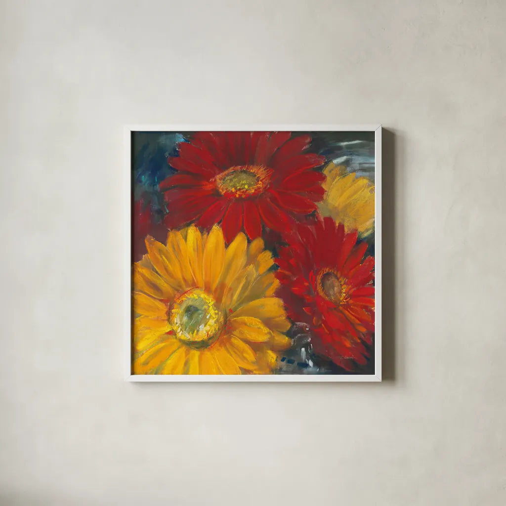 Gerbera Glow II by Carol Rowan. Shown in a crisp white glass frame for a clean and minimalist style. Available as an archival giclee rolled canvas, fine art paper, or poster print. SKU 41936a.