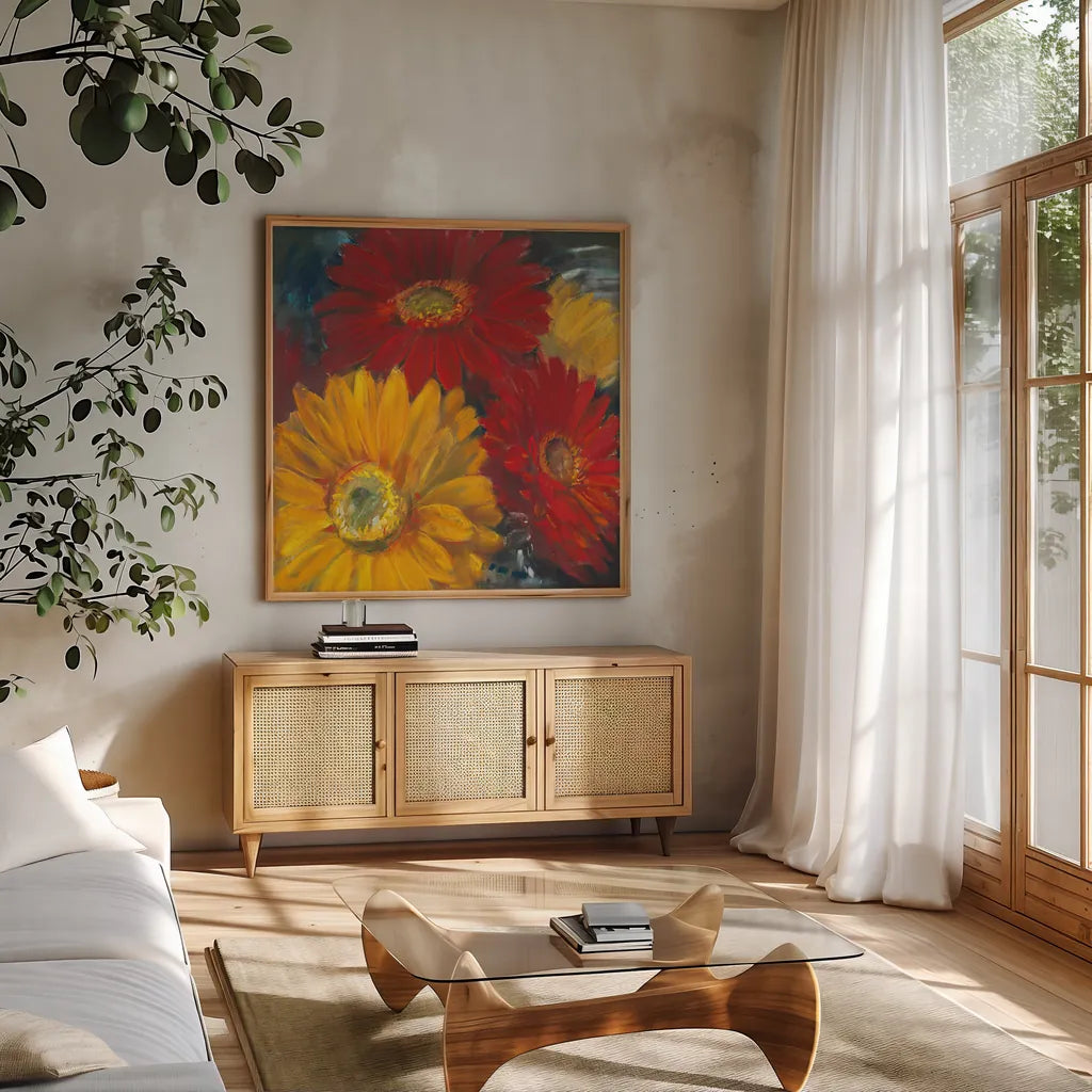 Gerbera Glow II by Carol Rowan. Shown in a natural wood frame in a cozy modern living room. Available as an archival giclee rolled canvas, fine art paper, or poster print. SKU 41936a.