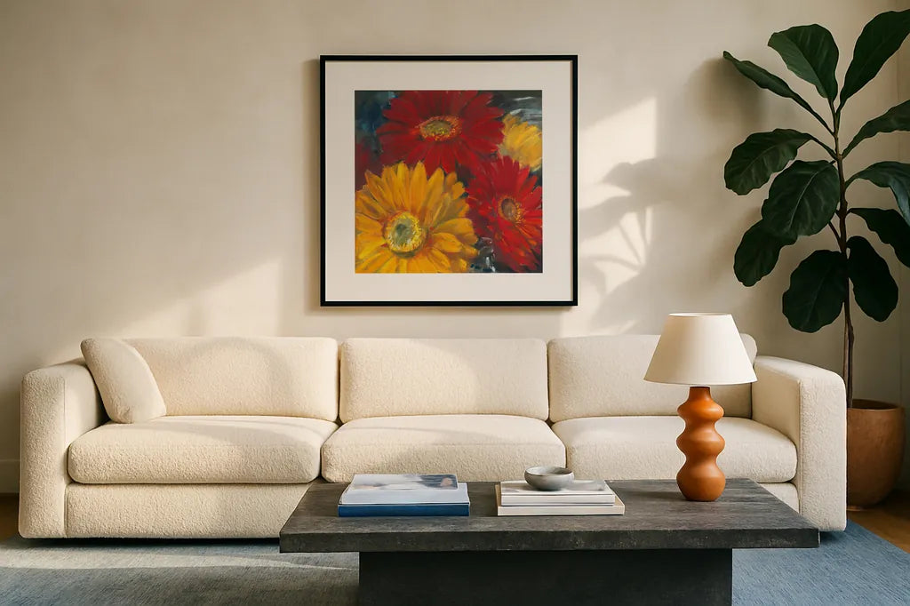 Gerbera Glow II by Carol Rowan. Displayed in a glass frame with matte in a clean modern living room. Available as an archival giclee rolled canvas, fine art paper, or poster print. SKU 41936a.