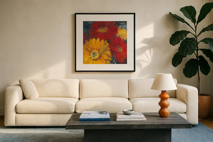 Gerbera Glow II by Carol Rowan. Displayed in a glass frame with matte in a clean modern living room. Available as an archival giclee rolled canvas, fine art paper, or poster print. SKU 41936a.