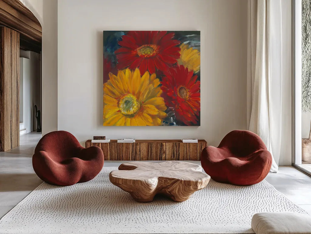 Gerbera Glow II by Carol Rowan. Shown as extra-large giant wall art in a modern living room. Available as an archival giclee rolled canvas, fine art paper, or poster print. SKU 41936a.