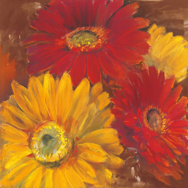 Gerbera Glow II Spice by Carol Rowan. SKU 41937a. Archival Giclee Fine art print for wall decor.