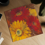 Gerbera Glow II Spice by Carol Rowan. Shown as a detailed flat fine art print, highlighting archival giclee quality. Available as an archival giclee rolled canvas, fine art paper, or poster print. SKU 41937a.