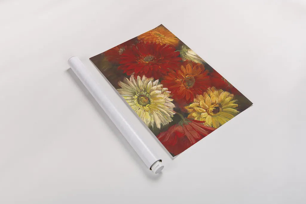 Gerberas by Carol Rowan. shown as a rolled paper print. Available as archival giclee rolled canvas, fine art paper, or poster print. SKU 3300i.