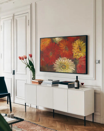 Gerberas by Carol Rowan. shown as a framed stretched canvas in a living room above a console. Available as a archival giclee rolled canvas, fine art paper, or poster print. SKU 3300i.