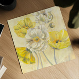 Gold and White Contemporary Poppies I by Carol Rowan. Shown as a detailed flat fine art print, highlighting archival giclee quality. Available as an archival giclee rolled canvas, fine art paper, or poster print. SKU 11253a.