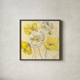 Gold and White Contemporary Poppies I by Carol Rowan. Shown in a sleek black glass frame for a contemporary gallery look. Available as an archival giclee rolled canvas, fine art paper, or poster print. SKU 11253a.