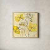 Gold and White Contemporary Poppies I by Carol Rowan. Shown in a natural wood glass frame for a timeless modern aesthetic. Available as an archival giclee rolled canvas, fine art paper, or poster print. SKU 11253a.