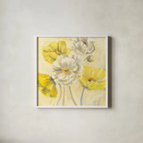 Gold and White Contemporary Poppies I by Carol Rowan. Shown in a crisp white glass frame for a clean and minimalist style. Available as an archival giclee rolled canvas, fine art paper, or poster print. SKU 11253a.