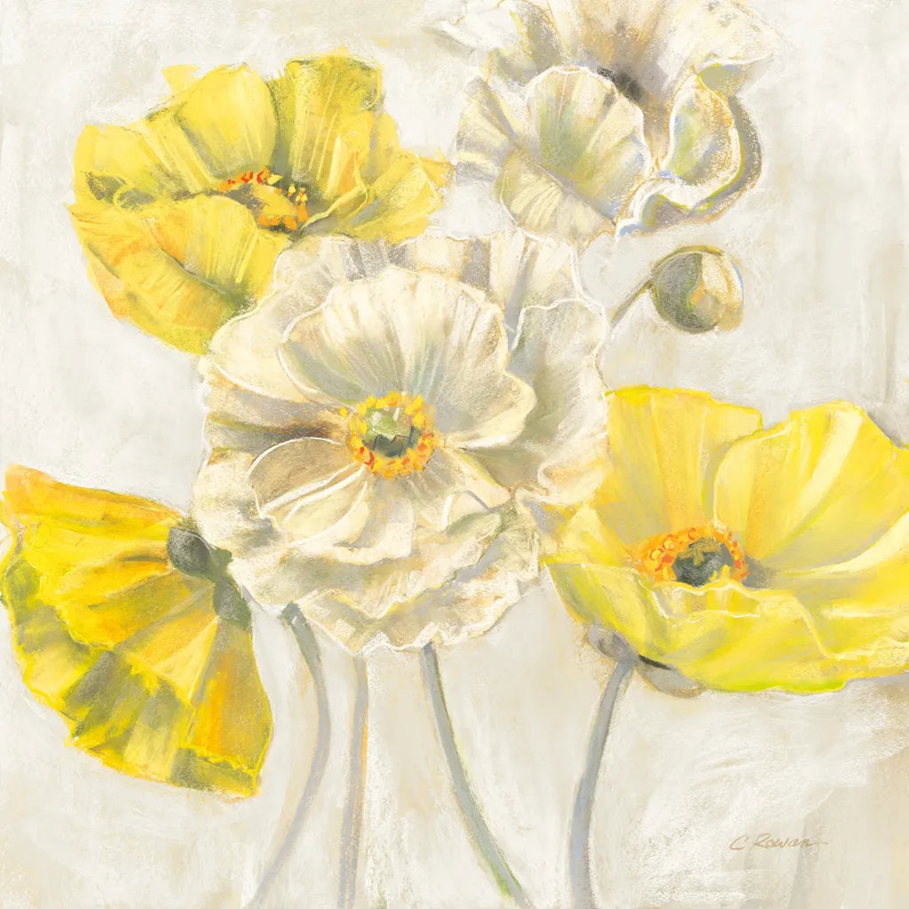 Gold and White Contemporary Poppies Neutral by Carol Rowan. SKU 49544a. Archival Giclee Fine art print for wall decor.
