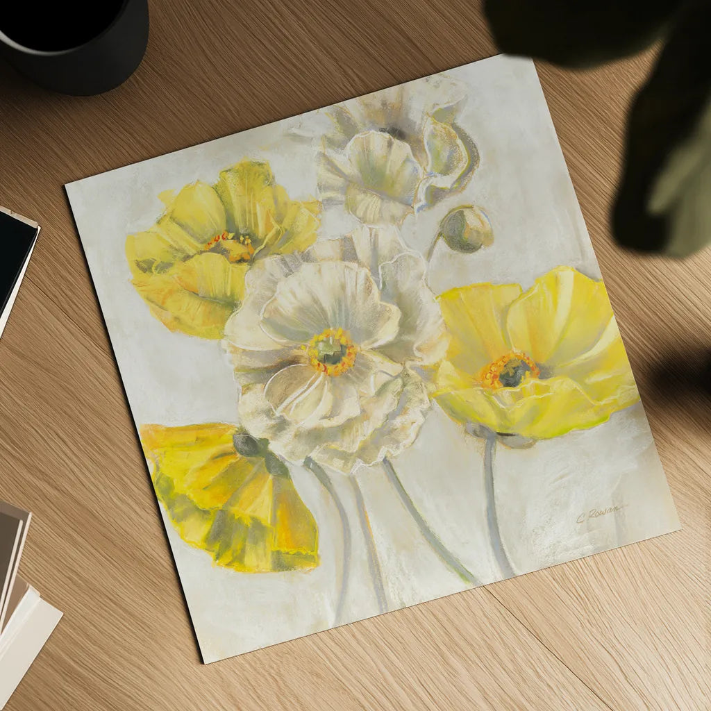Gold and White Contemporary Poppies Neutral by Carol Rowan. Shown as a detailed flat fine art print, highlighting archival giclee quality. Available as an archival giclee rolled canvas, fine art paper, or poster print. SKU 49544a.