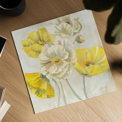 Gold and White Contemporary Poppies Neutral by Carol Rowan. Shown as a detailed flat fine art print, highlighting archival giclee quality. Available as an archival giclee rolled canvas, fine art paper, or poster print. SKU 49544a.