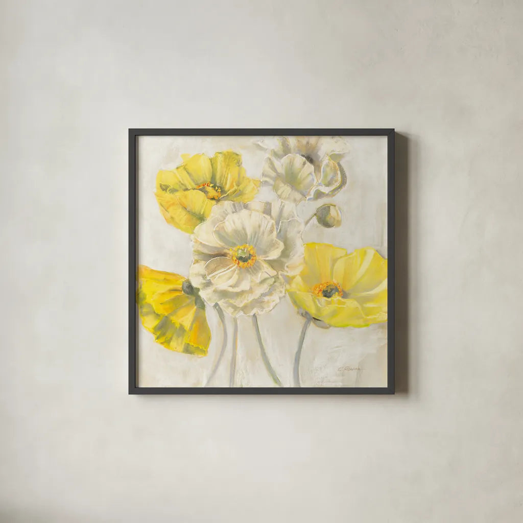 Gold and White Contemporary Poppies Neutral by Carol Rowan. Shown in a sleek black glass frame for a contemporary gallery look. Available as an archival giclee rolled canvas, fine art paper, or poster print. SKU 49544a.