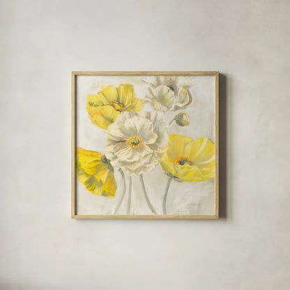 Gold and White Contemporary Poppies Neutral by Carol Rowan. Shown in a natural wood glass frame for a timeless modern aesthetic. Available as an archival giclee rolled canvas, fine art paper, or poster print. SKU 49544a.