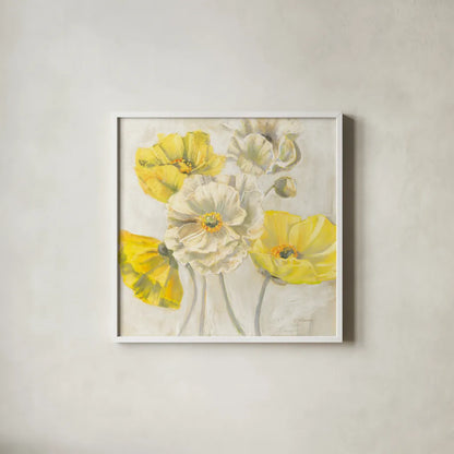 Gold and White Contemporary Poppies Neutral by Carol Rowan. Shown in a crisp white glass frame for a clean and minimalist style. Available as an archival giclee rolled canvas, fine art paper, or poster print. SKU 49544a.