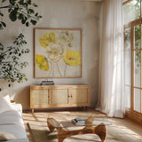 Gold and White Contemporary Poppies Neutral by Carol Rowan. Shown in a natural wood frame in a cozy modern living room. Available as an archival giclee rolled canvas, fine art paper, or poster print. SKU 49544a.