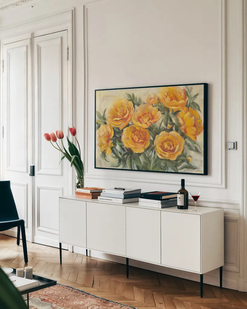 Golden Peonies by Carol Rowan. shown as a framed stretched canvas in a living room above a console. Available as a archival giclee rolled canvas, fine art paper, or poster print. SKU 19296i.