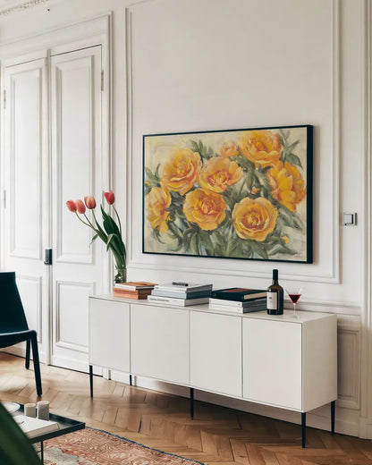 Golden Peonies by Carol Rowan. shown as a framed stretched canvas in a living room above a console. Available as a archival giclee rolled canvas, fine art paper, or poster print. SKU 19296i.