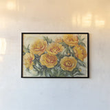 Golden Peonies by Carol Rowan. shown as a paper print in a black flame. Available as a archival giclee rolled canvas, fine art paper, or poster print. SKU 19296i.