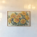 Golden Peonies by Carol Rowan. shown as a paper print in a natural frame. Available as a archival giclee rolled canvas, fine art paper, or poster print. SKU 19296i.
