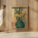 Grasses in Green Vase by Carol Rowan. shown as over sized large wall art. Available as an archival giclee rolled canvas, fine art paper, or poster print. SKU 7935h.