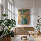 Grasses in Green Vase by Carol Rowan. shown as a print in a natural wood frame in a dining room. Available as a archival giclee rolled canvas, fine art paper, or poster print. SKU 7935h.