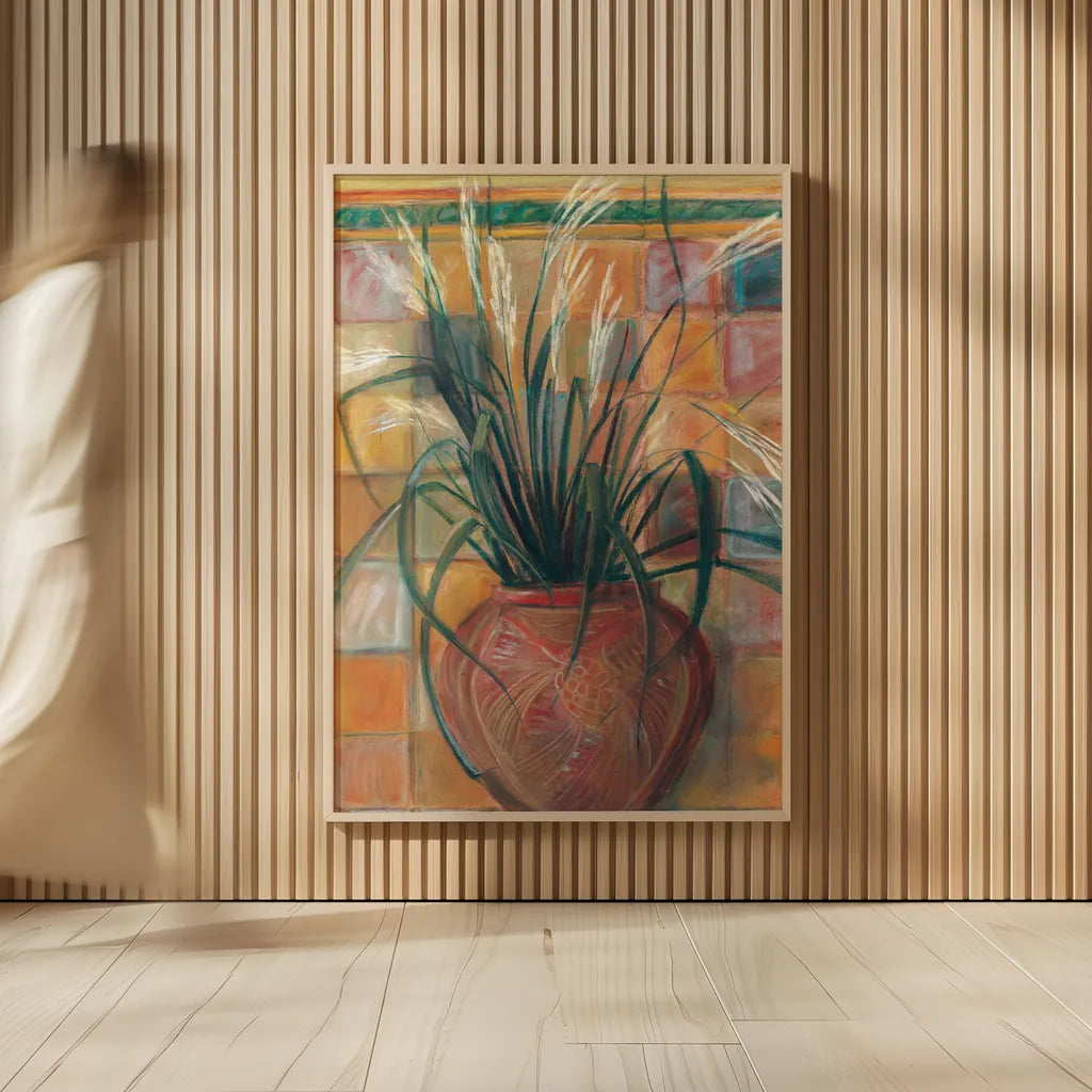 Grasses in Red Vase by Carol Rowan. shown as over sized large wall art. Available as an archival giclee rolled canvas, fine art paper, or poster print. SKU 7934h.
